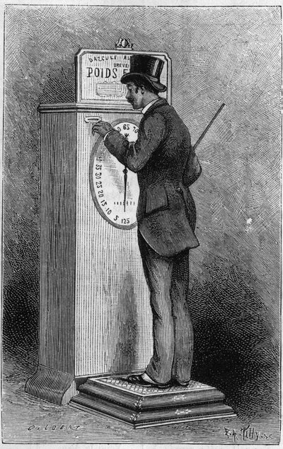 Piggy bank and dial toggle giving the weight under the action of a 10 cent piece that is thrown into it. Engraving in 