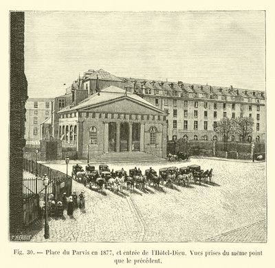 Place du Parvis in 1877, and entrance of the Hotel-Dieu, Views taken from the same point as the previous one by French School