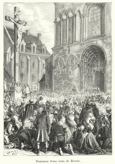 Planting of a Mission Cross (engraving) by French School
