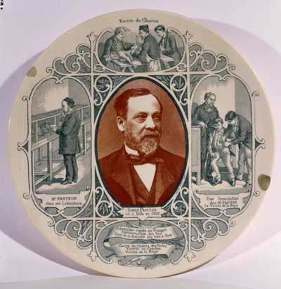 Plate with a photograph of Louis Pasteur by Pierre Petit, and scenes of his life by French School