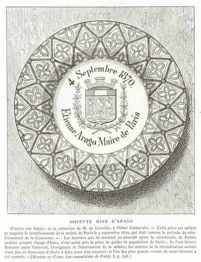 Plate with the Name of Etienne Arago, Mayor of Paris during the Franco-Prussian War, 1870 by French School