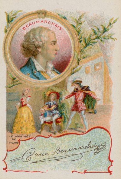 Playwright Pierre-Augustin Caron de Beaumarchais with a scene from the Marriage of Figaro by French School