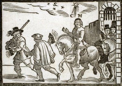 Mazarin flees from Paris on horseback, in the middle of the night, preceded by two valets carrying lanterns. Engraved wood 1651 by French School