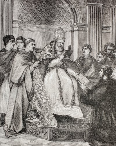 Pope Gregory IX handing the Decretals to an advocate of the Consistory, from 