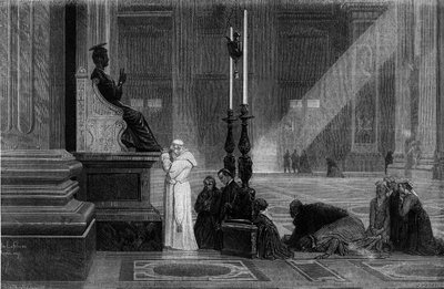 Pope Pius IX prayed near the statue of St. Peter in the Basilica of St. Peter in Rome by French School