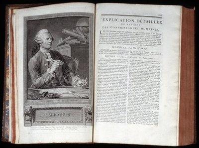 Portrait of Alembert and a text page of the Encyclopedia of Diderot and Alembert by French School