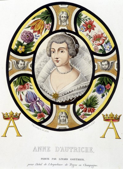 Portrait of Anne of Austria, Queen of France (1601-1666). Facsimile of a stained glass from the Middle Ages in 