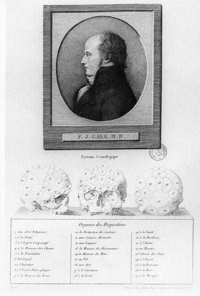 Portrait of Franz Josef Gall and illustration of the craniological system by French School