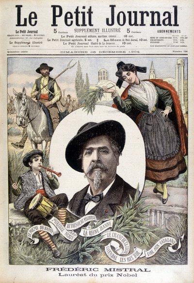 Portrait of Frédéric Mistral, surrounded by Provencal characters (gardian, fifre and Mireille) - in 