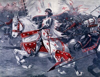 Portrait of Joan of Arc on horseback with royal flag, late 19th France by French School
