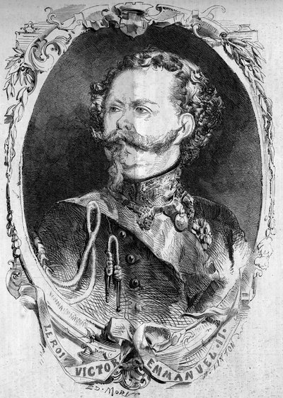 Portrait of Victor Emmanuel II (1820-1878), King of Sardinia and future King of Italy. Engraving in 