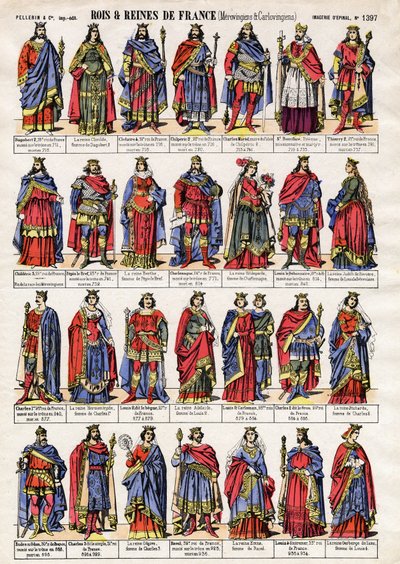 Portraits of the kings and queens of France of the Dynasty of Merovingians and Carolingians. Epinal imaging from the end of the 19th century. Private collection. by French School