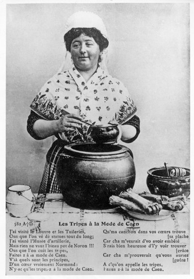 Postcard in praise of the traditional classic Normandy dish Tripe a la Mode de Caen by French School