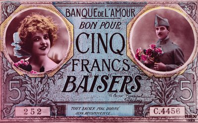 Postcard in the form of a voucher for five kisses from the Bank of Love, 1914-18 by French School