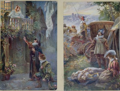 Postcards depicting Cyrano de Bergerac with Roxanne and the Death of Christian by French School