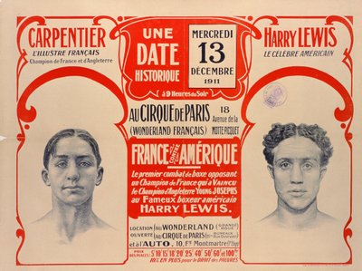 Poster advertising the boxing match between Carpentier and Harry Lewis, 1911 by French School