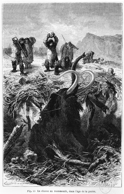 Prehistoric Men Hunting a Mammoth, Illustration from L