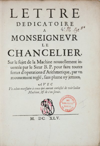 Printed dedicatory letter on the invention of the calculating machine by Blaise Pascal by French School
