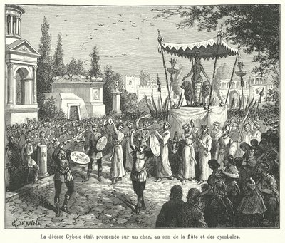 Procession of the chariot of the Roman goddess Cybele, preceded by pipers and cymbal players by French School