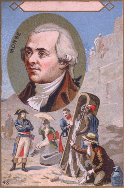 Promotional card depicting Gaspard Monge presenting a mummy to Napoleon Bonaparte during the Egyptian campaign by French School