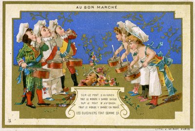 Promotional card for the Parisian Department Store Au Bon Marché, depicting cooks dancing on the Bridge at Avignon, c.1895 by French School
