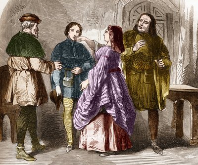 Prostitution scene in Paris at the end of the Middle Ages. Engraving in 