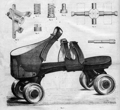 Prototype of roller skates. Engraving in “The Illustrious Universe” by French School