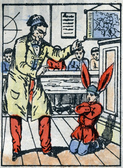 Punishment at school: Pupil punished, with a donkey cap for talking to his comrades. Epinal imaging from the end of the 19th century. by French School