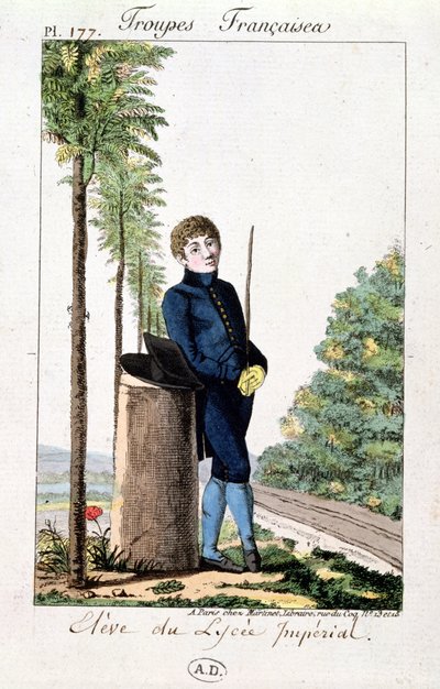 Pupil of the Lycee Imperial in Paris Leaning Against a Tree, Plate 177 from Troupes Francaises by French School