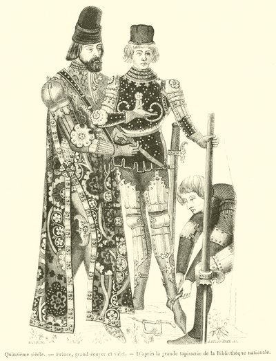 Fifteenth Century, Prince, Grand Squire and Valet (engraving) by French School