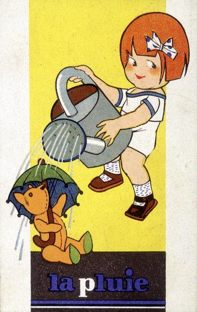 Rain representation: a girl with a watering can by French School