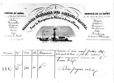 Receipt for goods issued by the Compagnie Generale des Bateaux Vapeur Pour la Navigation du Rhone et de ses affluents by French School