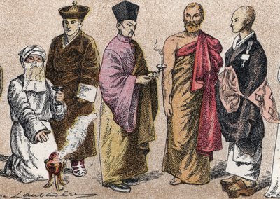 Religious costumes of Asia: portrait of a Parsi priest, Lama, Chinese Buddhist priest, Ceylon bonze, and Japanese Buddhist priest by French School