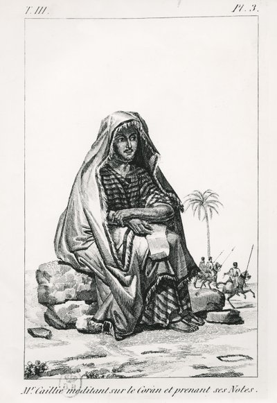 Rene Caille pondering over the Koran and taking notes, from Journal d
