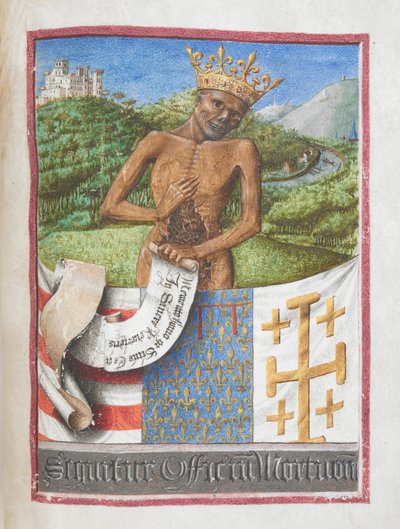 Rene, Duke of Anjou as a crowned skeleton, from the Book of Hours of Rene of Anjou by French School