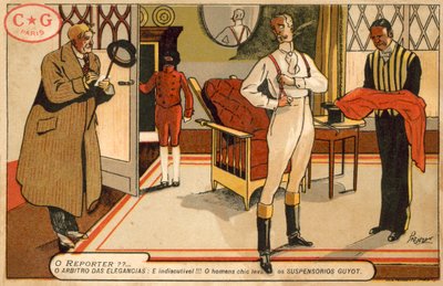 Reporter interviewing a gentleman getting dressed by French School