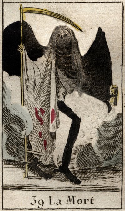Representation of Death, winged skeleton dressed in black, holding a scythe. From 