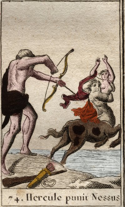 Representation of Hercules shooting a poisoned arrow at the centaur Nessus who attempts to kidnap Deianira. From 