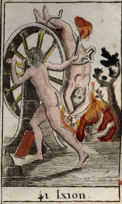 Representation of Ixion, punished by the gods, condemned to be chained to a burning wheel that turns endlessly. From “Mythology of Youth” by Pierre Blanchard 1803. by French School