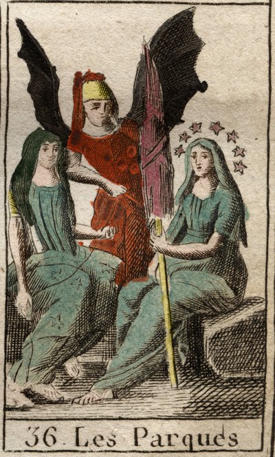 Representation of Parcae, Clotho, Lachesis and Atropos, deities of human destiny, from birth to death, as very old women spinning. From 