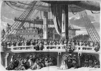 Representation of an opera: decor of the 3rd act of "The African", based on a libretto by Eugene Scribe (1791-1861) and music by Giacomo Meyerbeer (1791-1864). Episode of the Angelus sings on the ship. 1865. Engraving in "Le Monde Illustré" n°420 of 2 by French School