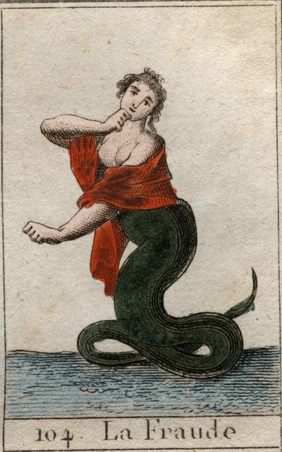 Representation of cheating (dishonesty), as a dangerous snake with a smiling head of woman. From 