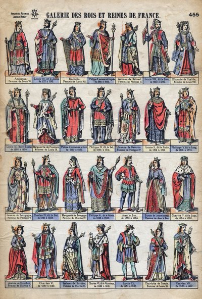 Representation of kings and queens of France from the Capetian dynasty (from Louis VII to Charles VIII). Illustration late 19th century by French School