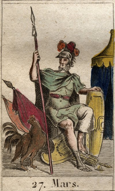 Representation of the god of war Mars, armed, near a rooster. From 