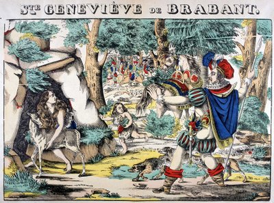 Representation of the legend of Saint Genevieve of Brabant. Scene of the encounter between Genevieve abandoned in the woods and her husband. Picture of Epinal by French School