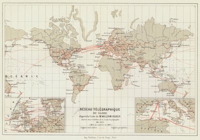 Telegraphic Network of the Globe (colour litho) by French School