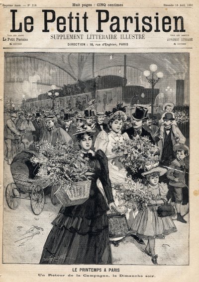 Returning from the Countryside on a Spring Sunday Evening: Travellers Leave the Trains of a Paris Station After Walking Along the Banks of Marne or the Banks of the Seine. Spring in Paris. One of the Newspaper Le Petit Parisien on 16/04/1893 (engraving) by French School
