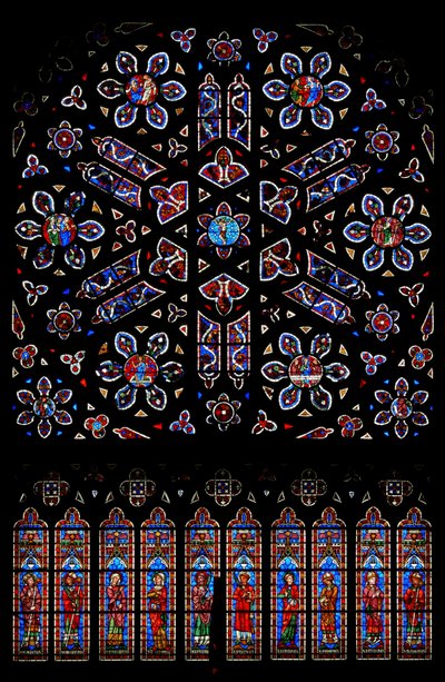 Rose window with the Crucifixion surrounded by scenes from the Resurrection by French School