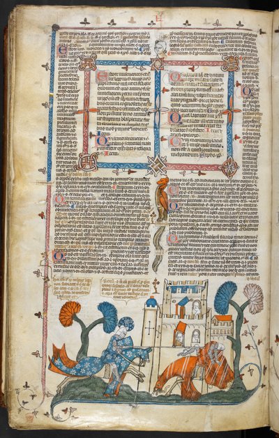 A bas-de-page scene of one knight unhorsing another before a castle by French School