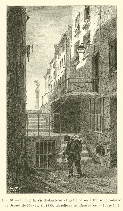 Rue de la Vieille-Lanterne and gate where the body of Gerard de Nerval was found in 1855, demolished that same year by French School